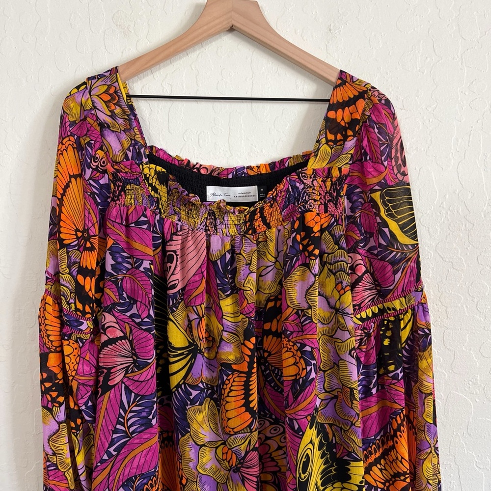Anthropologie Alexandra Farmer Floral Butterfly Smocked Puff Sleeve Blouse XL - Picture 6 of 10
